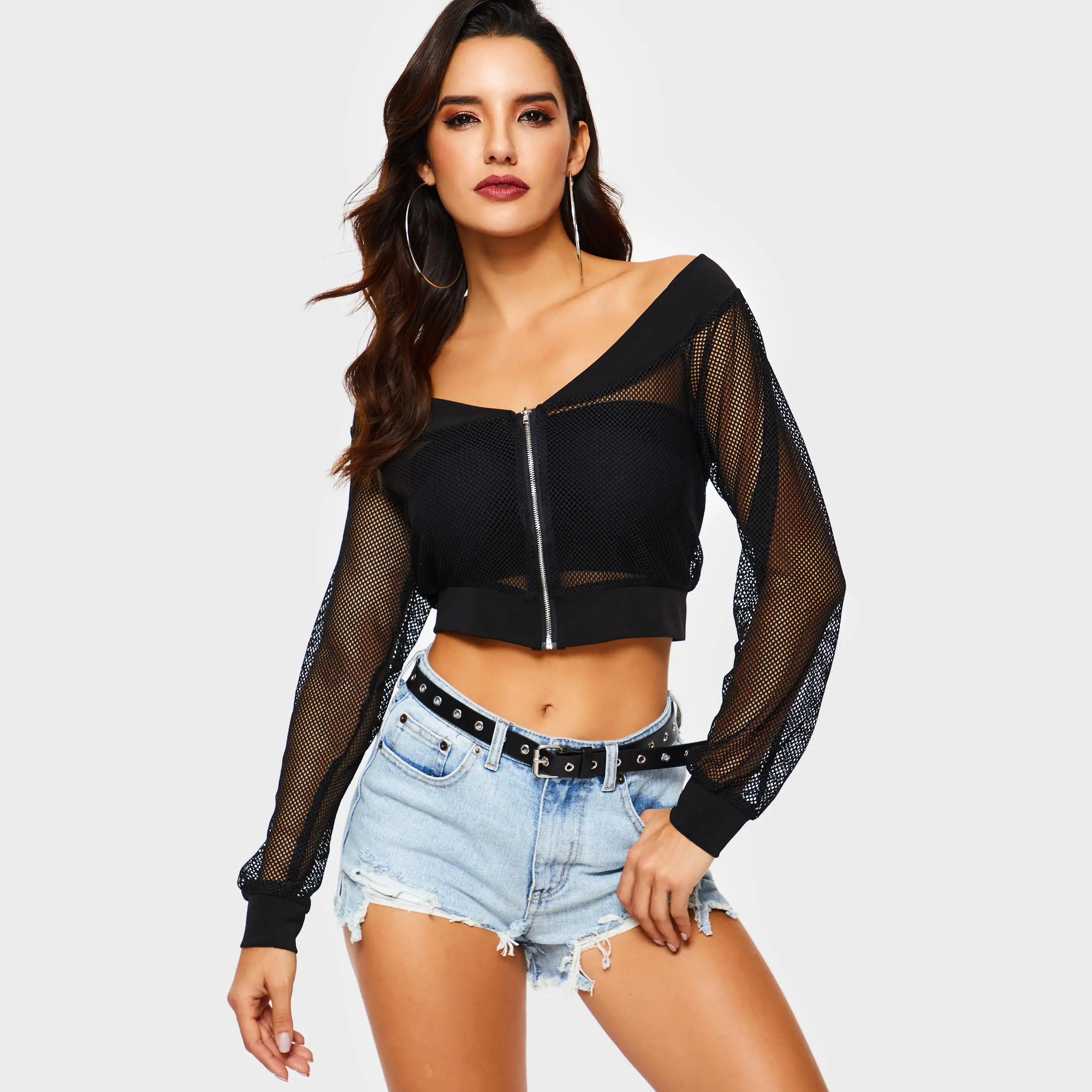 Женские сетчатые топы черные прозрачные Клубные Топы с длинным рукавом