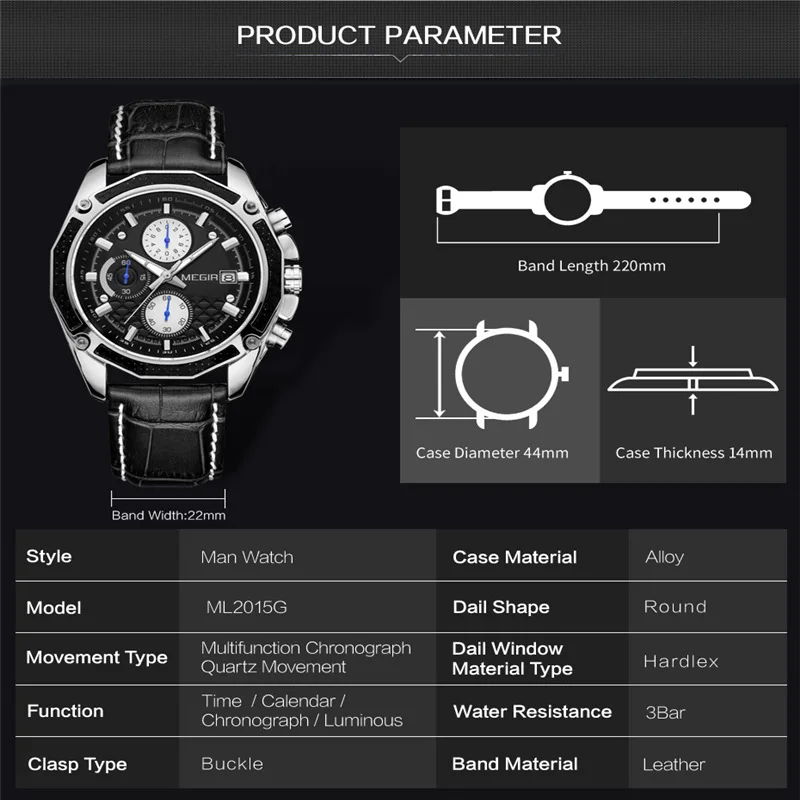 

MEGIR Brand Quartz Watch Leather Date Men Clock Relogio Masculino Chronograph Saati Men's Watch Multi-function Sports Waterproof