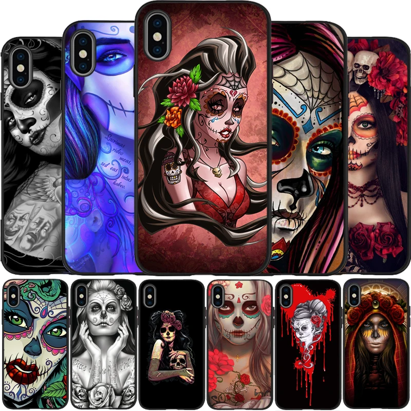 Сахарный череп день мертвой девушки татуировки чехол мягкий силиконовый черный