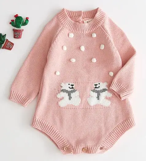 B91H44 Pink Вязаный детский комбинезон; осенняя одежда для новорожденных; Детский комбинезон с длинными рукавами и помпоном для маленьких мальчиков и девочек; комбинезон - Цвет: B91H44 Pink