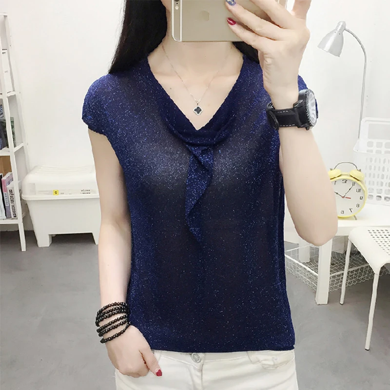 Lurex Women's knitted T-shirt Tops Ruffled V-neck Tshirt Loose casual soft knitting Tee shirt Female 2020 summer Dames T | Женская