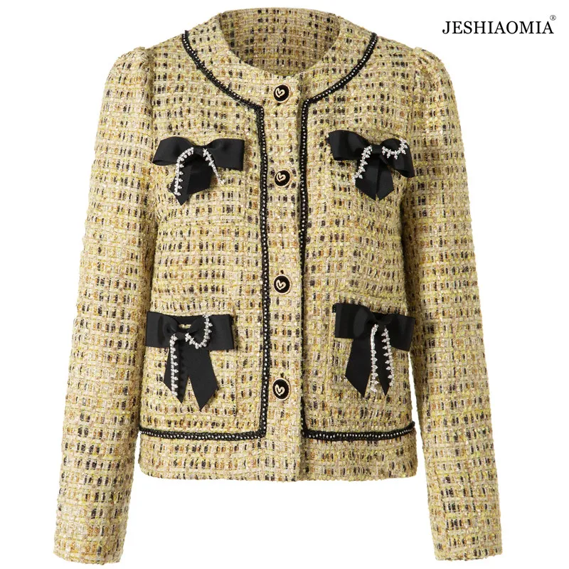 

JESHIAOMIA- 2021 Autumn Single Breasted Bow-Tie Embellished Tweed Jacket
