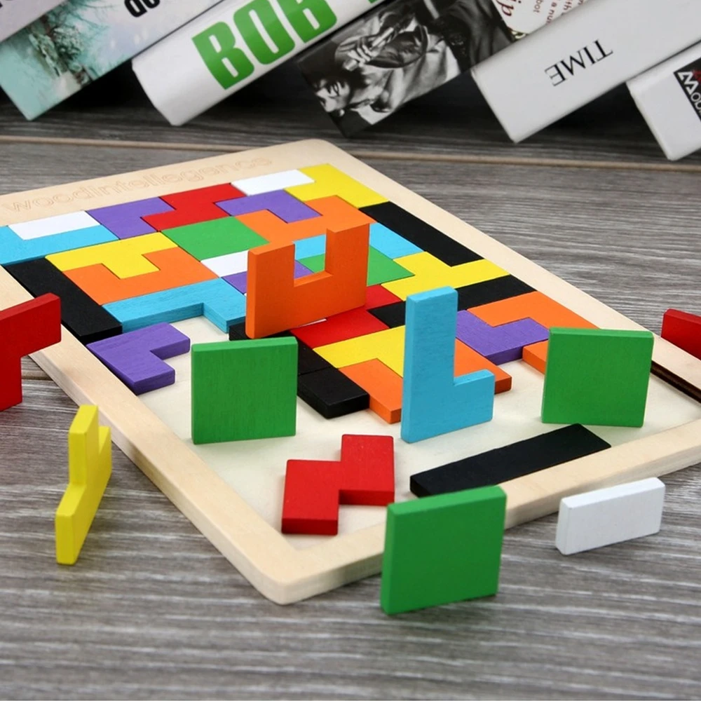 Colorful 3D Puzzle Wooden Tangram Math Toys Tetris Game Children Pre-school Magination Intellectual Educational Toy for Kids | Игрушки и