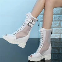 women genuine leather high heel motorcycle boots female high top height increasing peep toe platform pumps shoes casual shoes