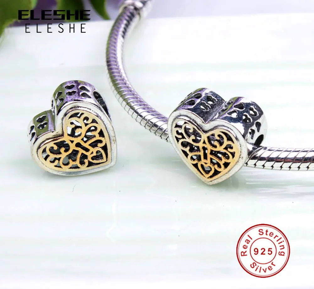 Чистый 925 стерлингового серебра в форме сердца из бисера Золото Цвет Шарм