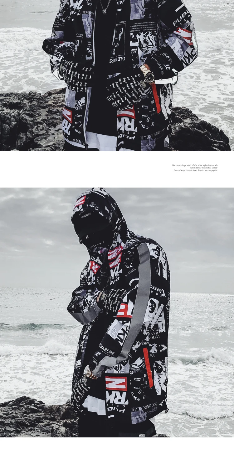 Harajuku Color Block Jacket Streetwear Mens Hip Hop Windbreaker Jacket Printed Street Dance Jacket Coat Autumn Summer Clothes