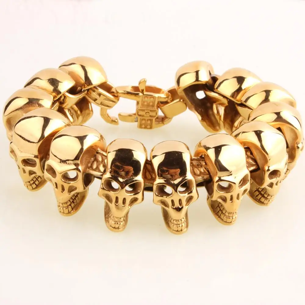 Панк браслеты из нержавеющей стали с золотым черепом для мужчин Готический Череп