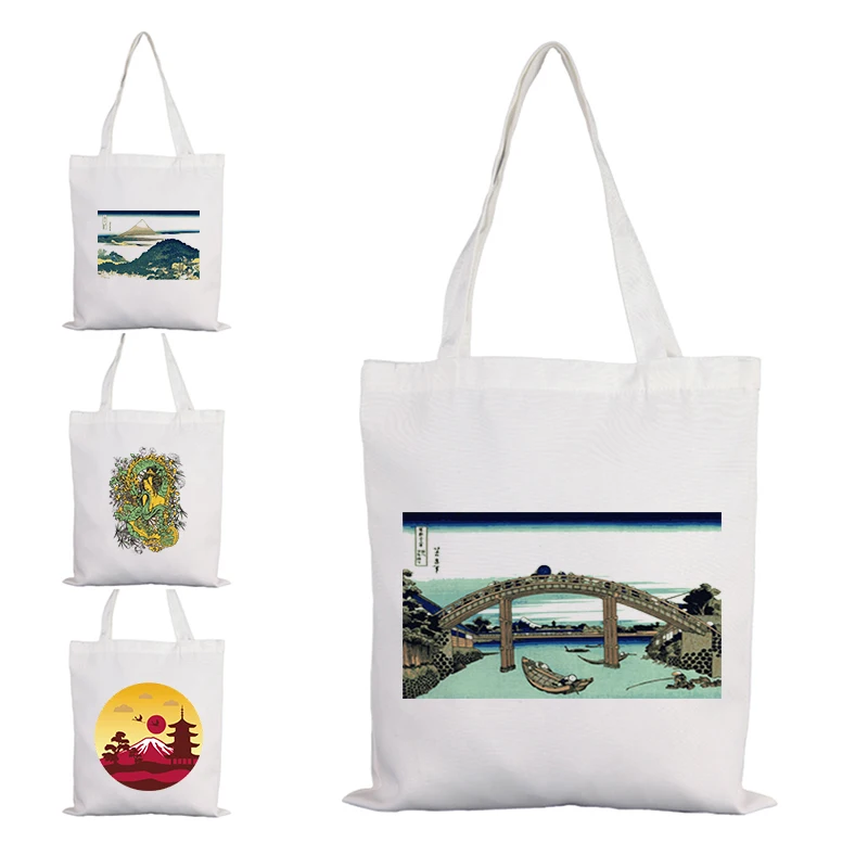 

Japan Wave Sun Reusable Bag Canvas Fabric Big Women Shopper Shopping Bags Tote Totebag Designer Handbags Woman for Mom Printed