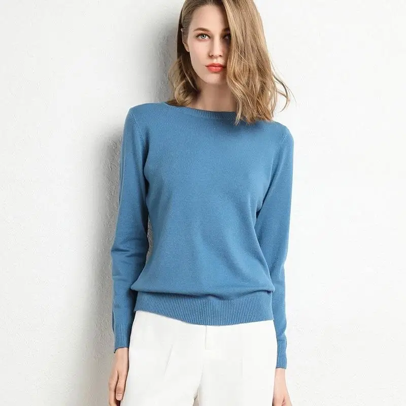 

2020 Female Slim O-Neck Pullover Cashmere Wool Blending Sweater Autumn And Winter Long-Sleeved Knit Bottoming Shirt Large Size