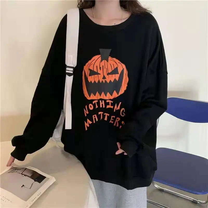 Pumpkin print autumn and winter long-sleeved thick pullover Halloween Korean oversize