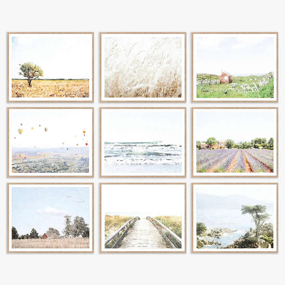 

Landscape Watercolor Poster and Print Balloons Ocean Lavender Barn Canvas Painting Grass Sea Pictures for Living Room Home Decor