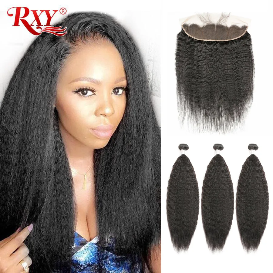 ALIBELE HAIR Kinky Straight Human Hair Bundles With Closure Non Remy Brazilian Hair Weave Bundles with Lace Closure 4 5 Pcs Lot