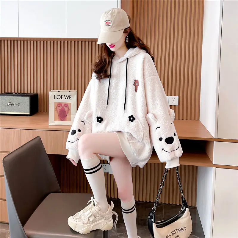 

Cute bear print lamb wool fleece hooded fir autumn and winter loose and lazy sports wind Harajuku coat ladies sweater top