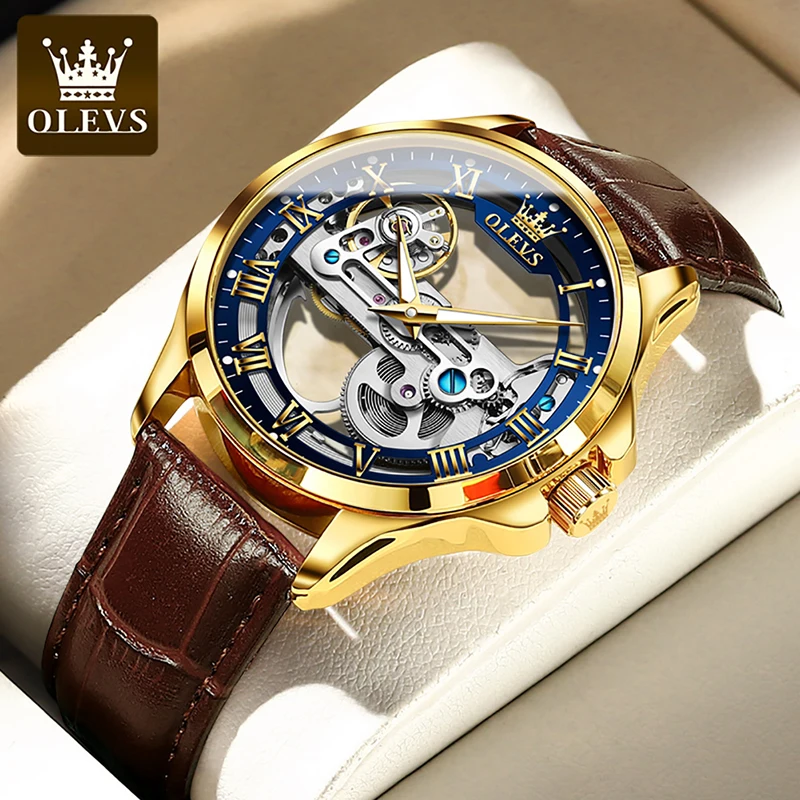 OLEVS Brand Men's Watches Fashion Luxury Automatic Mechanical Watch Men's Waterproof Hollow Watch Leather Luminous Watches