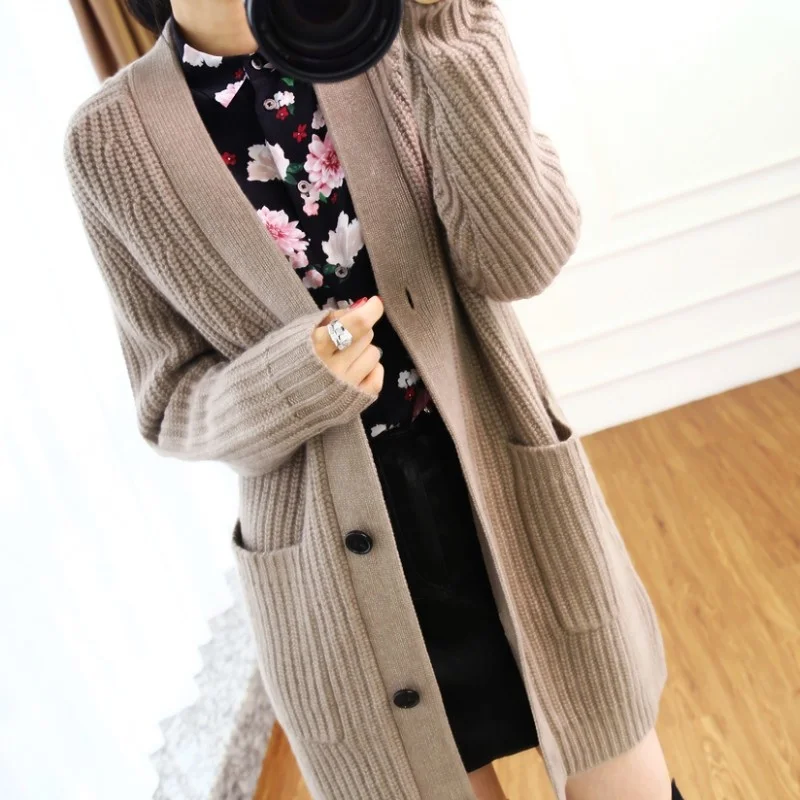 

Fall winter wool cardigan women's mid-length V-neck sweater loose thick cashmere knitted jacket