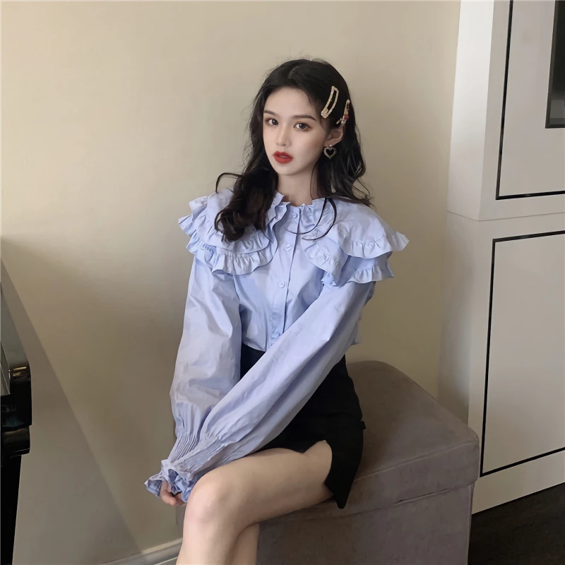 

Lesavir Retro Temperament Design Double Layer Lotus Leaf Collar Heavy Solid Long-sleeved Princess Shirts Female Shirt Plus Size