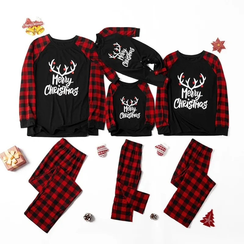

Moose Christmas Father Mother Kids Clothes Top Pants Family Matching Outfit Pajamas Plaid Xmas Sleepwear Pajamas Set Baby Romper