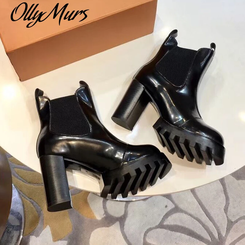 

Ollymurs Genuine Leather Platform Ankle Boots Women Luxury On Chunky Heels Short Winter Shoes Runway Motorcycle Boots for