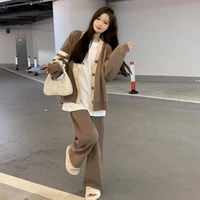 womens sportswear two piece set spring and autumn top cardigan knitted sweater loose solid color coat wide leg pants suit