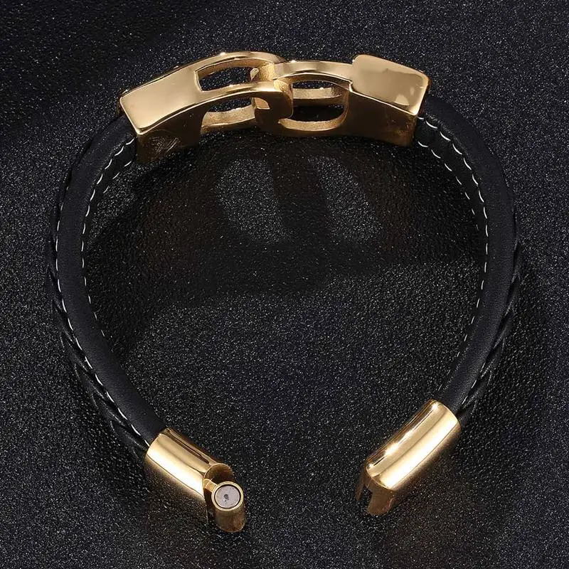 Панк ювелирные изделия для мужчин черный кожаный браслет Золотые наручники из