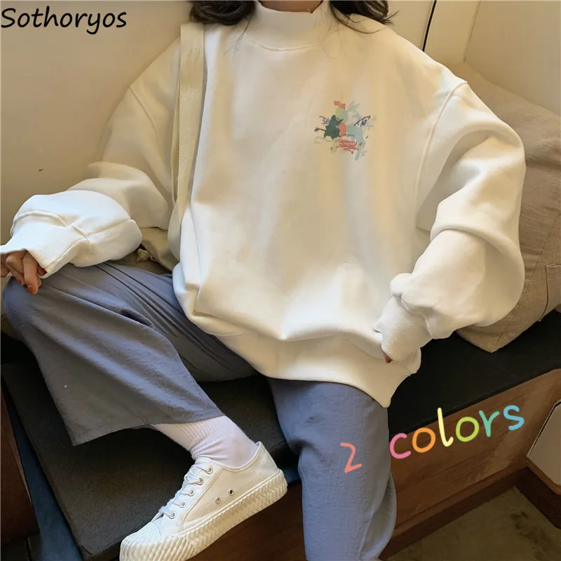 

Hoodies Women Printed Turtleneck Warm Plus Velvet Oversize Kawaii Simple Females Pullover All-match Korean Style Casual Ulzzang