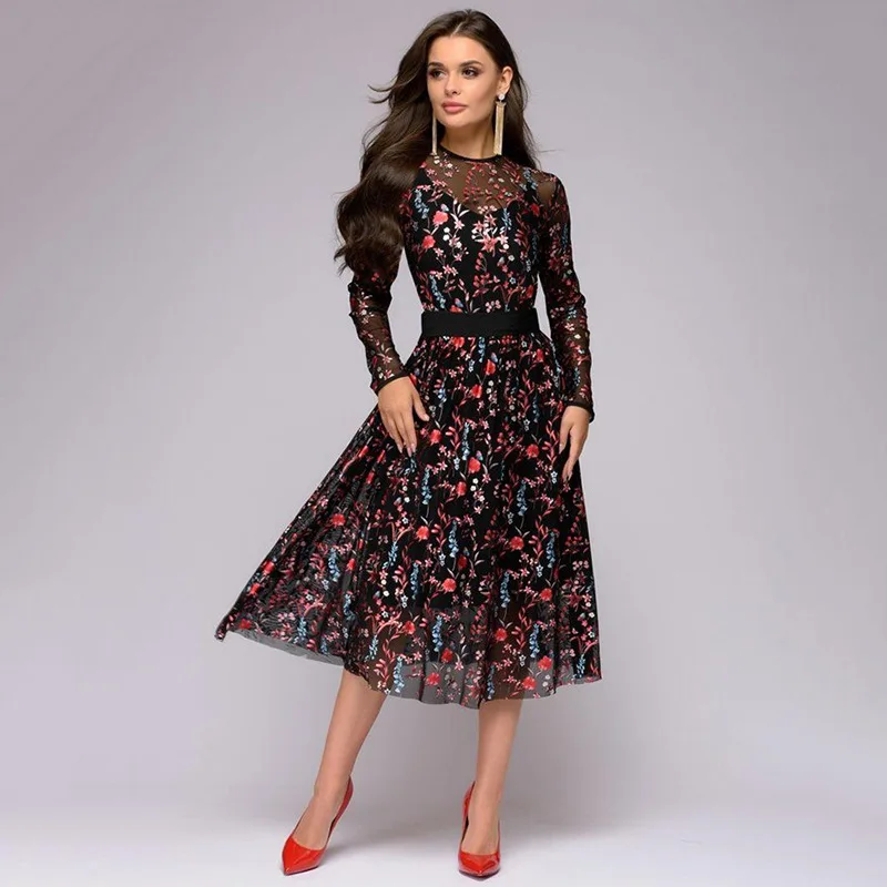 

Sexy Dresses Party Night Club Dress 2020 New Spring Tunic Vintage Floral Printing Long Sleeve See Through Slim Dress Vestidos