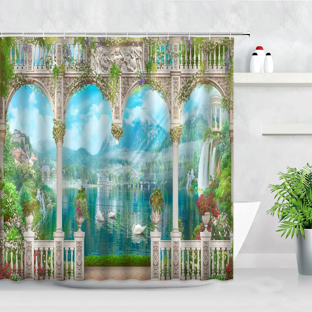 

3D Rural Floral Scenery Shower Curtain Set Flowers Green Plant Roman Garden Oil Painting Wall Decor Waterproof Bathroom Curtains
