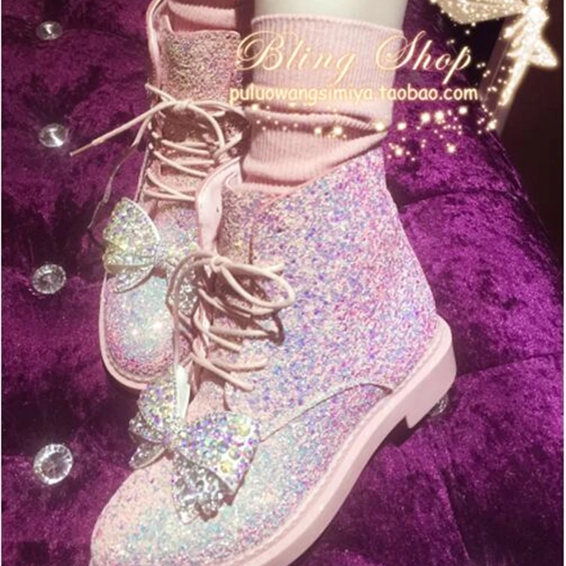 New sequins female Martin boots sweet ins rhinestones bow European station fashion women's ankle | Обувь