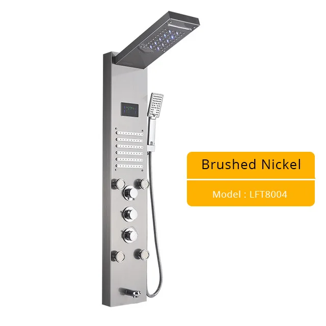 Brushed Nickel 8004A Роскошный светодиодный смеситель для душа, матовый никель, спа Массажная струйная душевая панельная башня, кран с цифровым температурным экраном для ванной комнаты - Цвет: Brushed Nickel 8004A