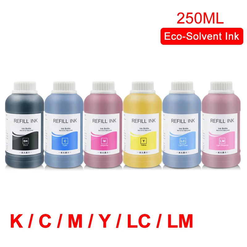 K C M Y LC LM 250 мл/бутылка эко-сольвентные чернила для Epson DX5 DX6 DX7 DX10 печатающая головка 4800 4880 R2000 TX800 1390 1500W L800 L1800 экосольвентные чернила - Цвет: K C M Y LC LM
