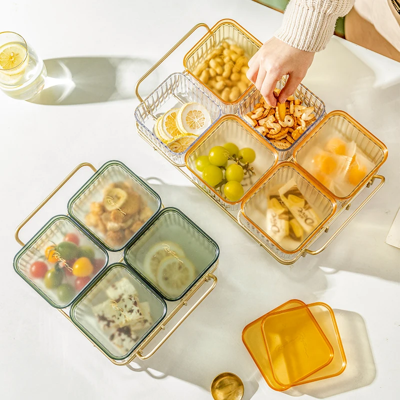 

Grid Snack Storage Tray With Lid Candy Dried-fruit Snacks Dish Home Table Chocolate Cookies Organizer Plastic Dessert Bowl Set