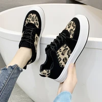 womens vulcanized shoes round toe lace up casual shoes breathable pu leopard print mid heel flat sneakers aa 83
