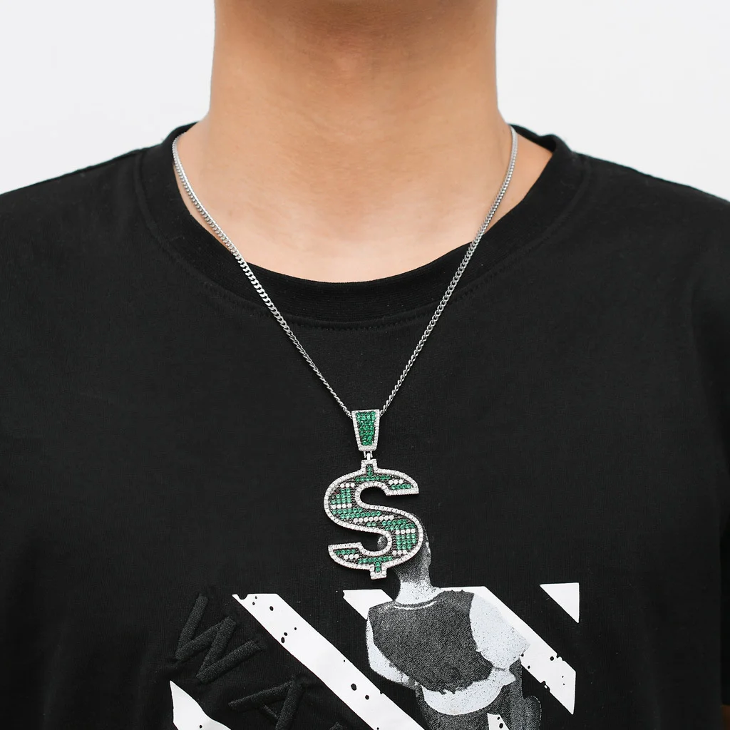 

New Hip Hop Jewelry Green s Dollar Symbol Micro Inlaid Zircon Hiphop Trendy Men's Light Luxury Pendant Necklace