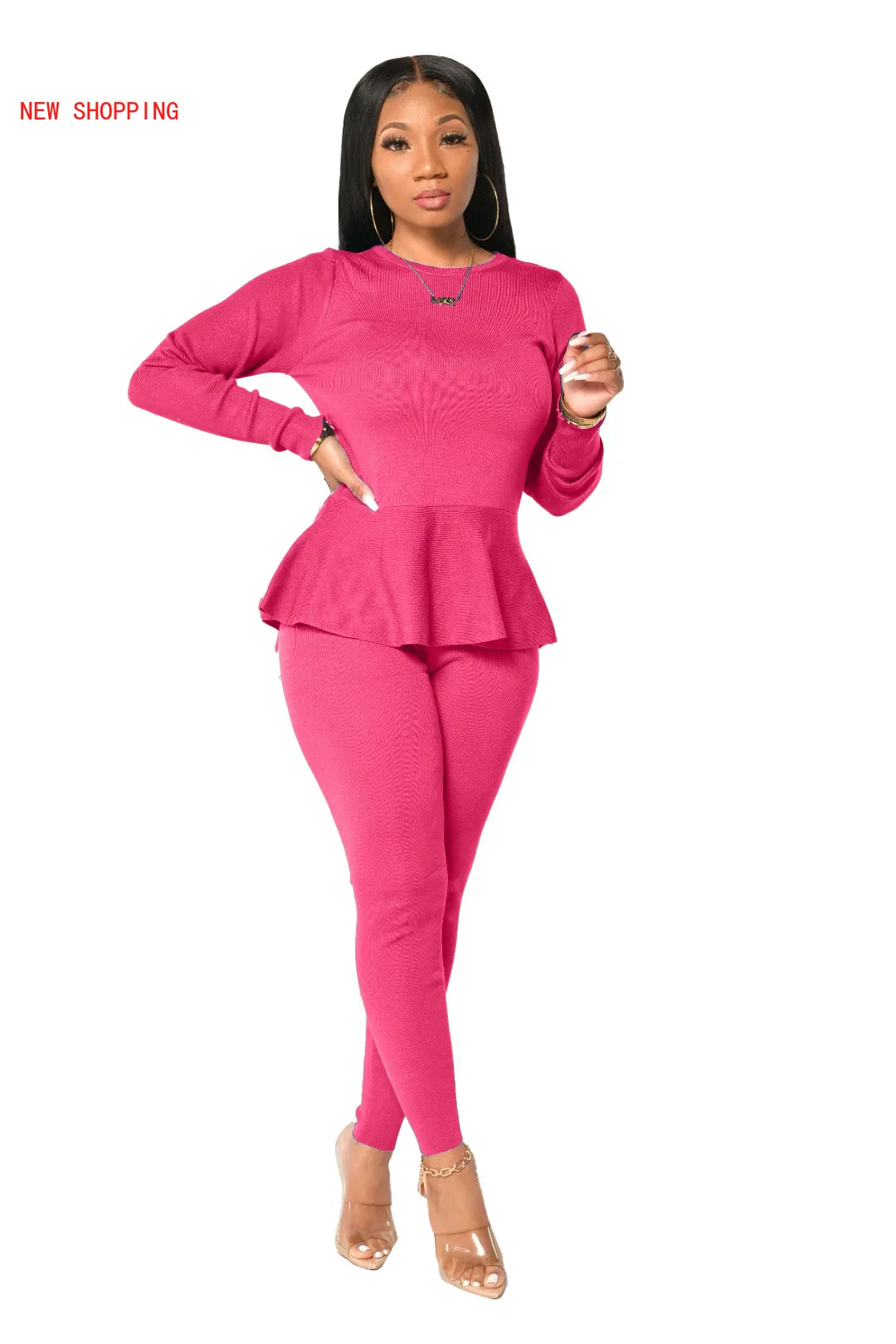 

Woman Solid Knitted Tracksuit Long Sleeve Drawstring Pleated Ruffles Tops High Waist Pants 2 Pieces Set Casual Streetwear S-XXL