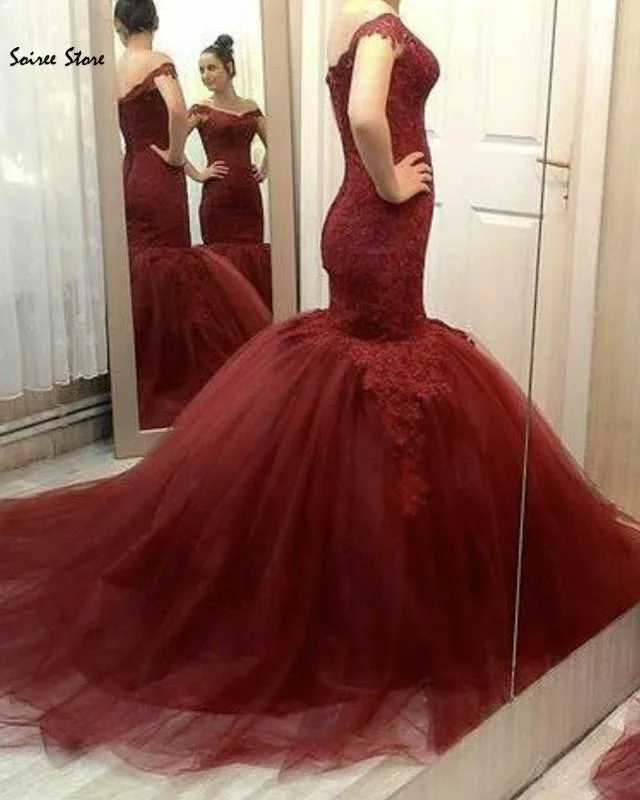 

Vintage Off Shoulders Burgundy Prom Dresses Mermaid Trumpet Lace Evening Gown Fishtail Corset Formal Dress 2020 Graduation Gown