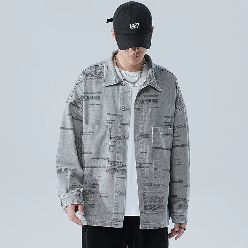 

Men's grey Denim Jacket cotton casual clothes printed with letters denim jacket, 5XL loose jackets new in autumn 2021