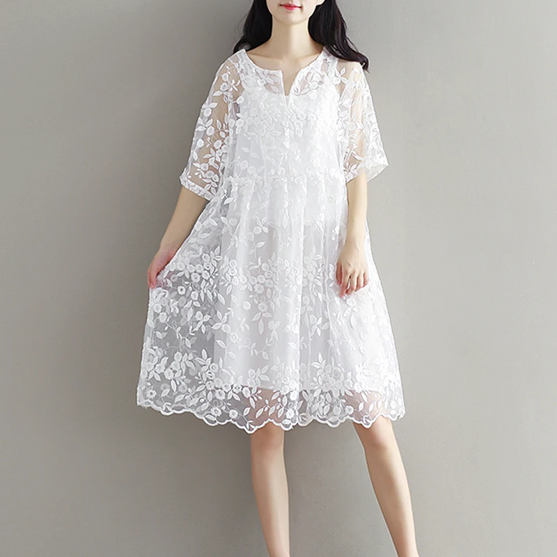 

2019 New Mori Girl Embroidery Summer Dress High Waist Women Hollow Out Five-point sleeve O Neck Two Pieces Dress yy321