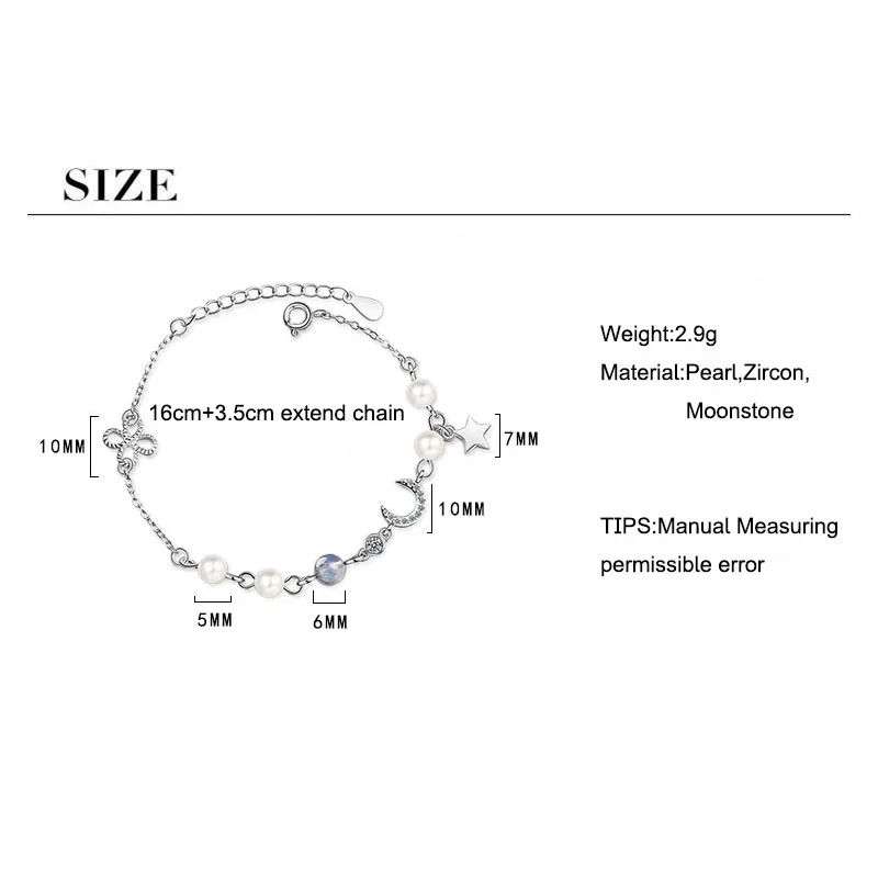 925 пробы серебряная Луна Звезда Imitationn жемчуг браслет с шармами Элегантный
