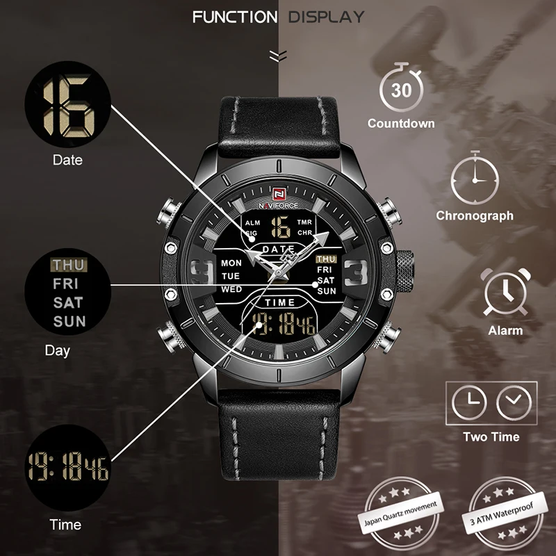 Для мужчин лидирующей марки Элитный бренд NAVIFORCE Для мужчин кожаные мужские кварцевые часы Аналоговые светодиодный цифровые часы Водонепроницаемый военные наручные часы