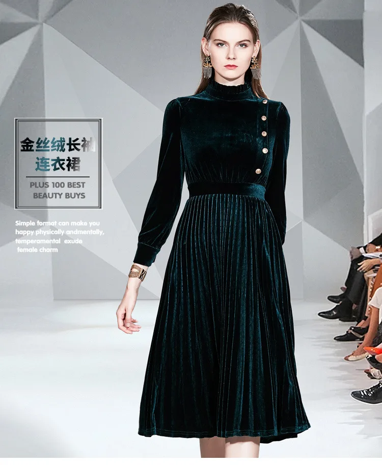 

Autumn Fashion Women Dresses Elegant Women High Waist Pleated Knee-Length Dress O-neck Vintage Gold Velvet Slim Lady Dress