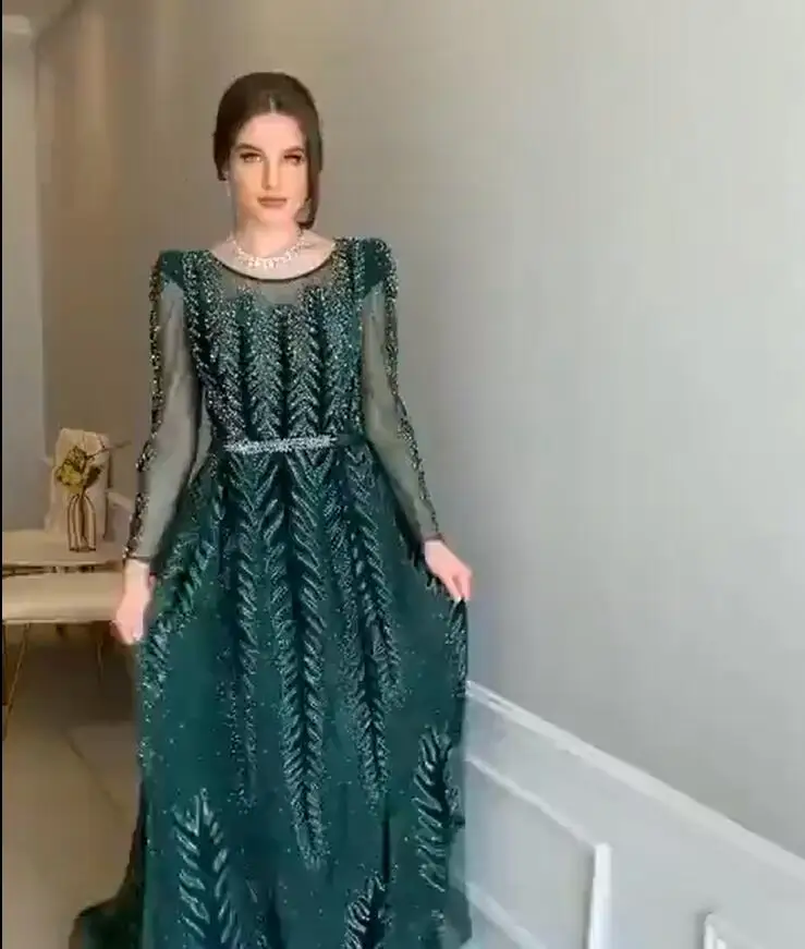 Арабское Изумрудное зеленое вечернее платье для мусульманских женщин с длинным