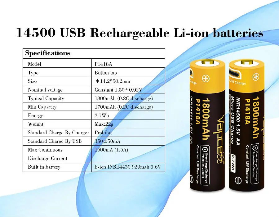 Оригинальная Аккумуляторная Батарея Vapcell 14500 AA 1 5 в 1800 мА · ч шт. USB перезаряжаемые