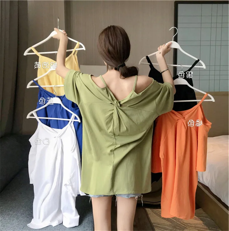 

2020 fashion Lazy wind strapless short-sleeved t-shirt female Summer new chic solid color loose Backless T shirt For Women M473