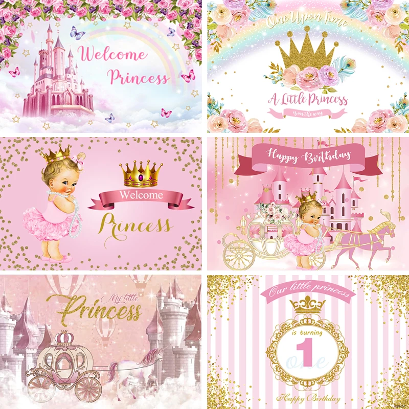 

20 вариантов Золотая Корона розовый цветок принцесса Новорожденный ребенок душ девочки на 1-й День рождения Фотофон на заказ