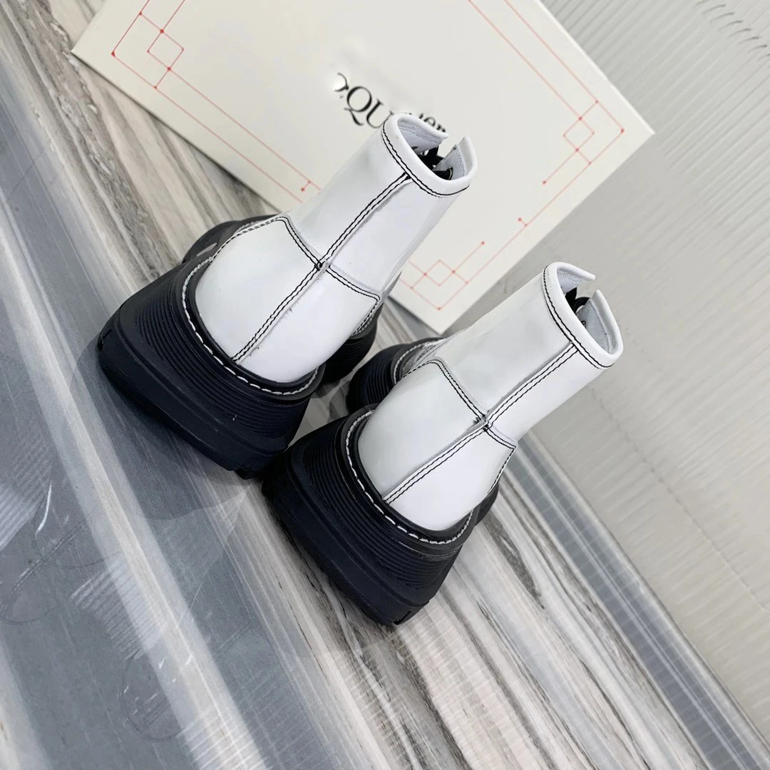 

New Women Shoes Mcqueen 2021 Black Off White Real Leather Ankle Boots Women Punk Shoes Thick Bottom Platform Motorcycle Boots