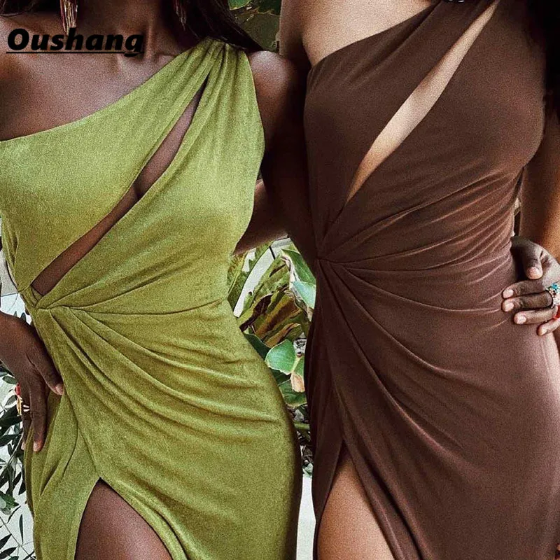 

2021 Sexy Cut Out One Shoulder Maxi Dress Women Elegant Sleeveless Backless Club Party Holiday Split Dresses Clothes Beach Cloth