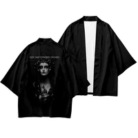 man japanese kimono black print cardigan and pant male kimono jacket harajuku streetwear samurai clothes yukata haori obi