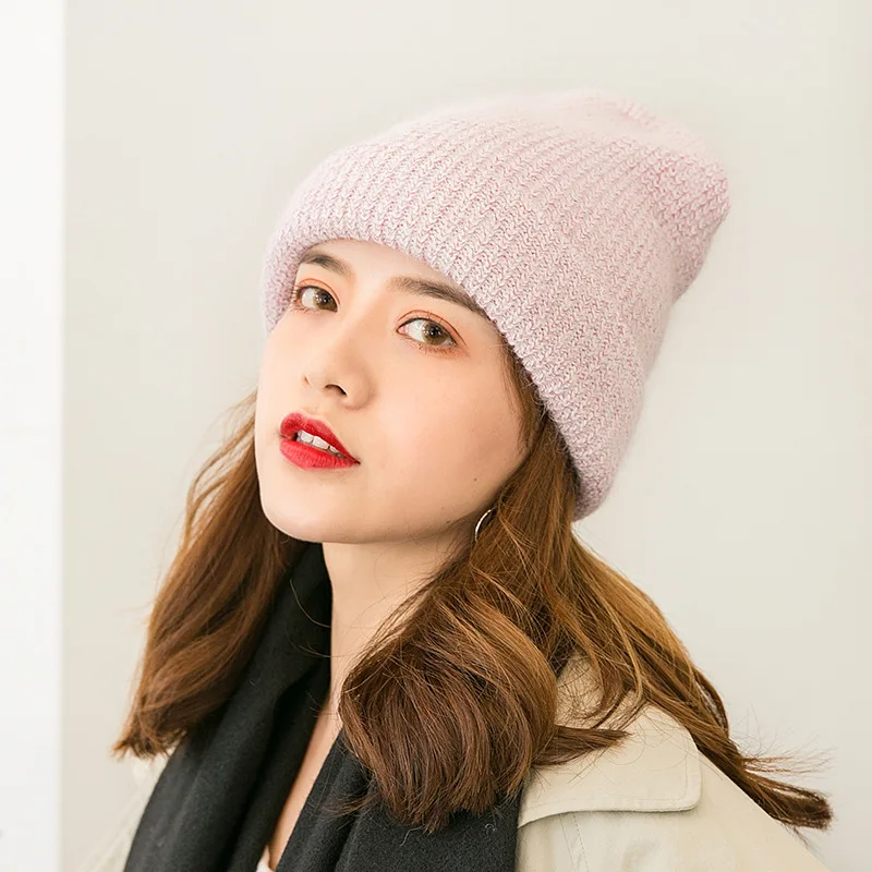 

2019 New Simple line Cap Beanie Hat Female Winter Cold Warm Hat Cap Ski Hat Double knit Hat Thicken Skiing