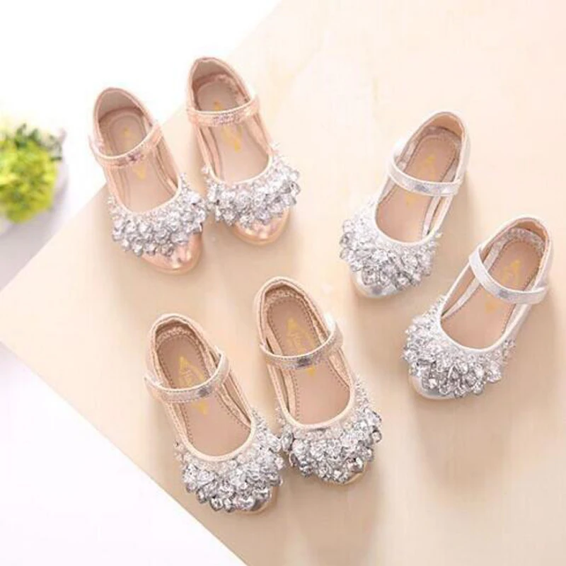 

Детские кожаные туфли, однотонные танцевальные туфли принцессы для девочек, на плоской подошве, со стразами, для осени