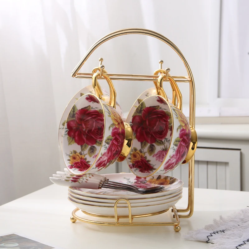 4Cups n Holder Пасторальная Роза костяного фарфора чайная чашка блюдце ложка набор 200 мл Европейская Современная фарфоровая кофейная чашка кафе керамическая Цветочная чайная чашка Прямая поставка - Цвет: 4Cups n Holder
